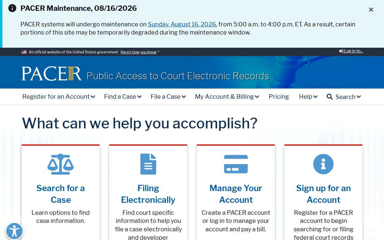 Bella Vista resident lookup through the PACER federal court search